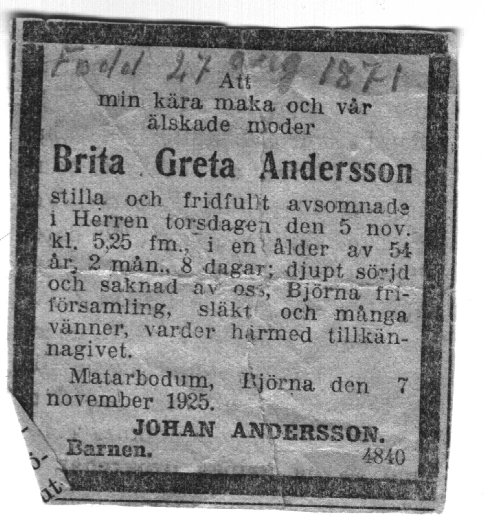 
 Brita Greta Kristoffersson 1871-1925